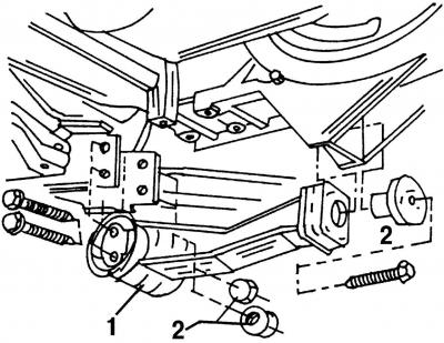 Рис. 244. Крепление балансирной (маятниковой) подвески коробки передач: 1 - балансирная подвеска; 2…