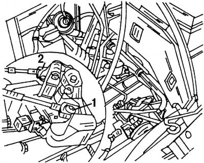 Рис. 239. Присоединение тросов к рычагам коробки передач: 1 - рычаг выбора передач; 2 - рычаг…