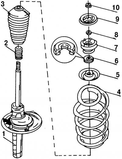 Рис. 287. Амортизаторная стойка: 1 - амортизатор; 2 - резиновый буфер; 3 - защитный чехол; 4 -…