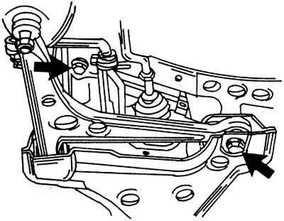 Рис. 295. На каждой стороне автомобиля расположены по два болта крепления подрамника (показаны…
