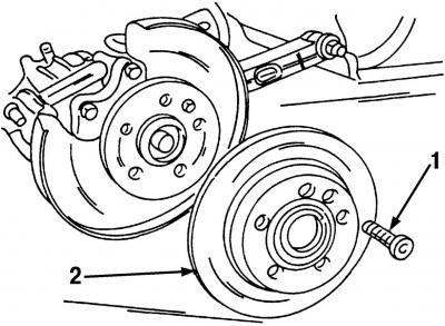 Рис. 306. Крепление тормозного диска: 1 - болт; 2 - диск