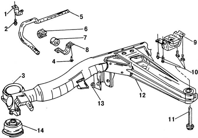 Рис. 304. Крепление поперечного рычага задней подвески и стабилизатора поперечной устойчивости: 1 -…