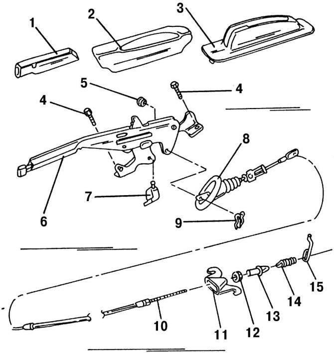 Рис. 330. Детали стояночной тормозной системы: 1 - рукоятка; 2 - кожух рычага стояночного тормоза;…
