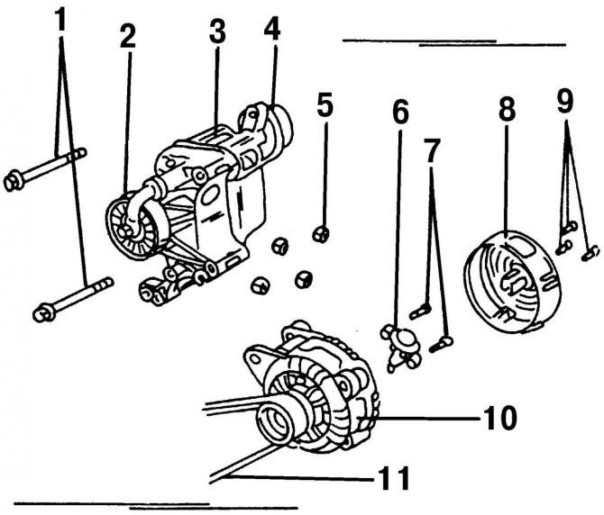Рис. 334. Детали генератора и его крепление на 2,0-литровом двигателе: 1 - болты М8, 25 Н·м; 2 -…