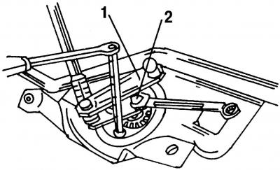 Рис. 349. Снятие моторедуктора с системы рычагов: 1 - кривошипный рычаг; 2 - гайка, 13 мм