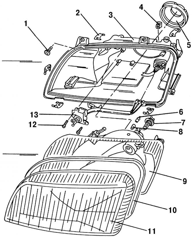 Рис. 350. Отдельные элементы фары: 1 - винт, 8 Н·м; 2 - стопорный зажим; 3 - корпус фары; 4 -…