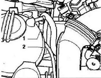 Отсоединить подающий топливопровод «1» и магистраль к абсорберу с активированным углем «2». Нажать…
