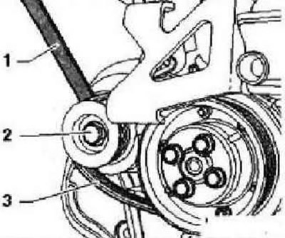 Снять винт крепления «2» ременного шкива и снять ременный шкив и поликлиновый ремень на компрессоре…