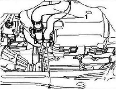 Отсоединить оба шланга системы охлаждения «1» в теплообменнике отопителя. Открыть клипсы…