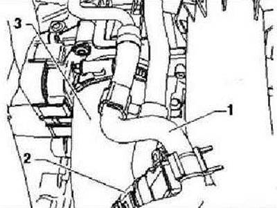 Снять шланг системы охлаждения «1», установленный на зажимах для шлангов. Снять разъем «2» датчика…