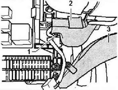 Аккуратно разрезать кабельную стяжку «1». При наличии отсоединить кабельный канал «2» от рулевой…