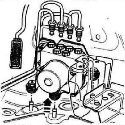 Установить распорку -V.A.G 1869/2-. Подсоединить шланг ёмкости для удаления воздуха к прокачным…