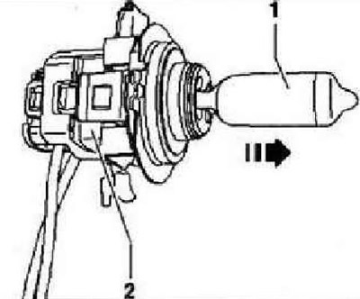 Вынуть лампу адаптивного освещения «1» в -направлении стрелки- из патрона «2». Лампа адаптивного…