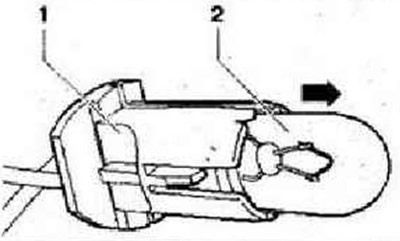 Вынуть лампу стояночного света «2» в -направлении стрелки- из патрона «1».