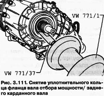 Фигура 3.111 показва отстраняването на уплътнителния пръстен на фланеца на ВОМ/задния витлов вал.