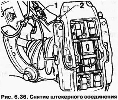 Одвојите прикључак 1 индикатора истрошености кочионих плочица (слика 6.36).