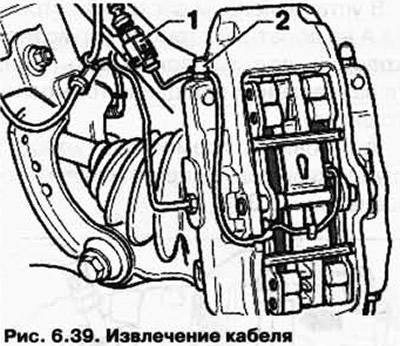 Уклоните кабл индикатора истрошености кочионих плочица са кућишта кочионе чељусти и опруге 1…