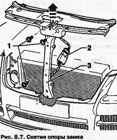 Снимите опору замка 3 вместе с замком капота по направлению стрелки на рисунке 8.7.