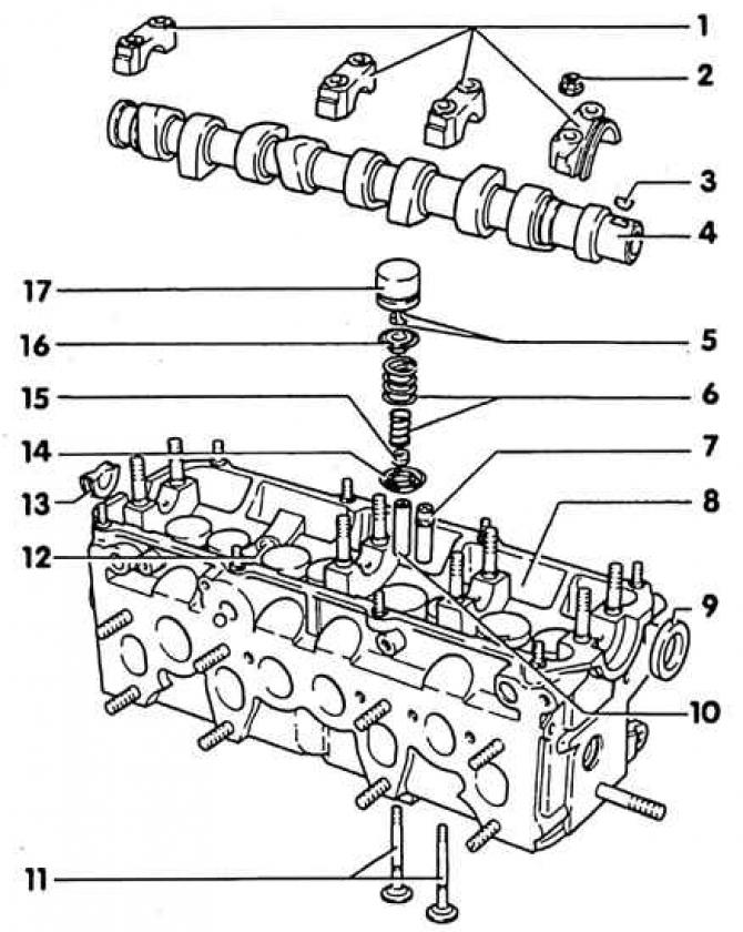 1. Pokrywy łożysk głównych; 2. Nakrętka, 20 Nm; 3. Klucz (praca bez dokręcania); 4. Wałek rozrządu;…