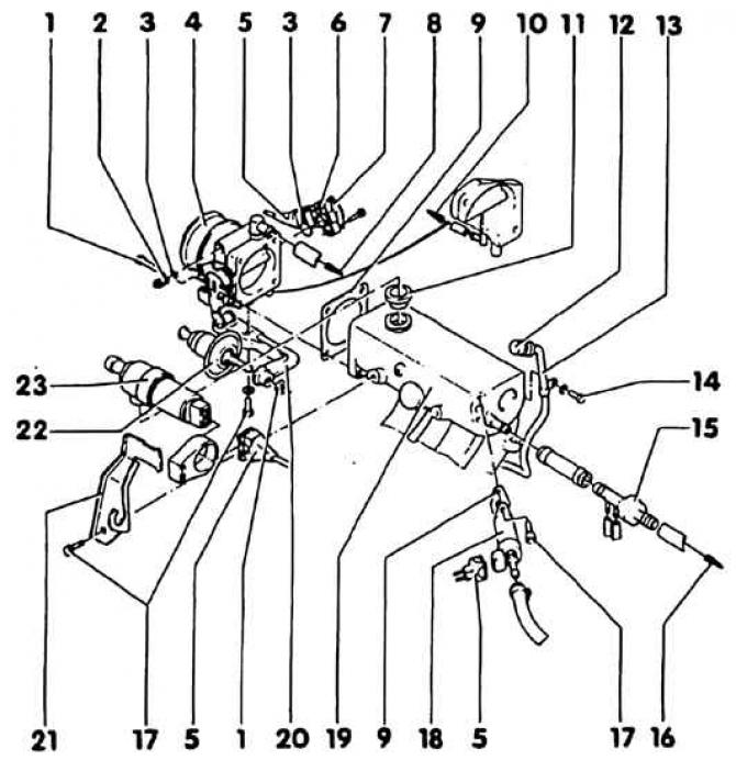 1. Болт. M6 = 10 Nm, M8 = 20 Nm; 2. Болт за регулиране на оборотите на празен ход (до 5/93 g); 3.…