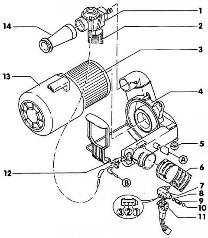 1. Канал за всмукване на въздух с регулируема клапа за отопление на входящия въздух; 2. Маркуч към…