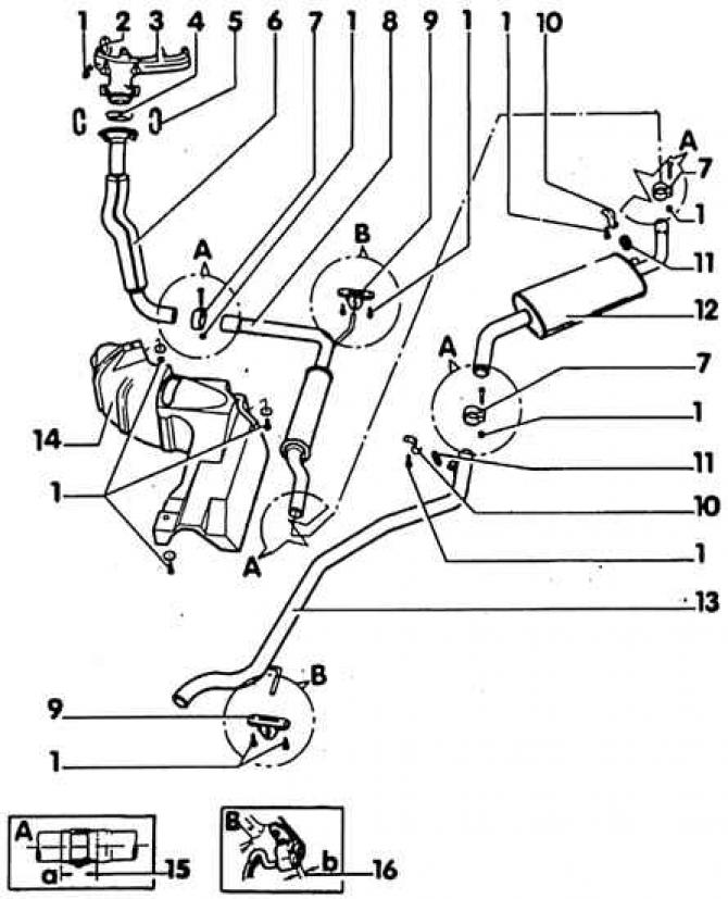 1. Гайки (M6 = 5 Nm, M8 = 25 Nm, M10 = 40 Nm); 2. Уплътнение; 3. Изпускателен колектор; 4.…