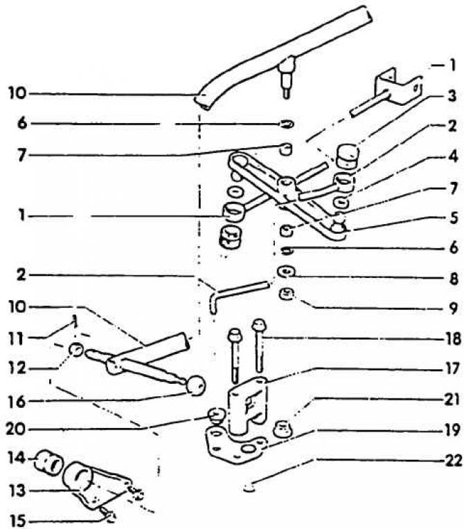 1. Stražnja poluga mjenjača; 2. Prednja poluga mjenjača; 3. Čahura; 4 Brtvena podloška; 5. Poluga…