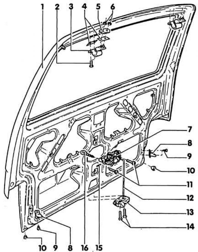 1. Zadné dvierka; 2. Krížová skrutka, 20 Nm; 3. Záves; 4. Tesniaca doska; 5. Dištančná doska; 6.…