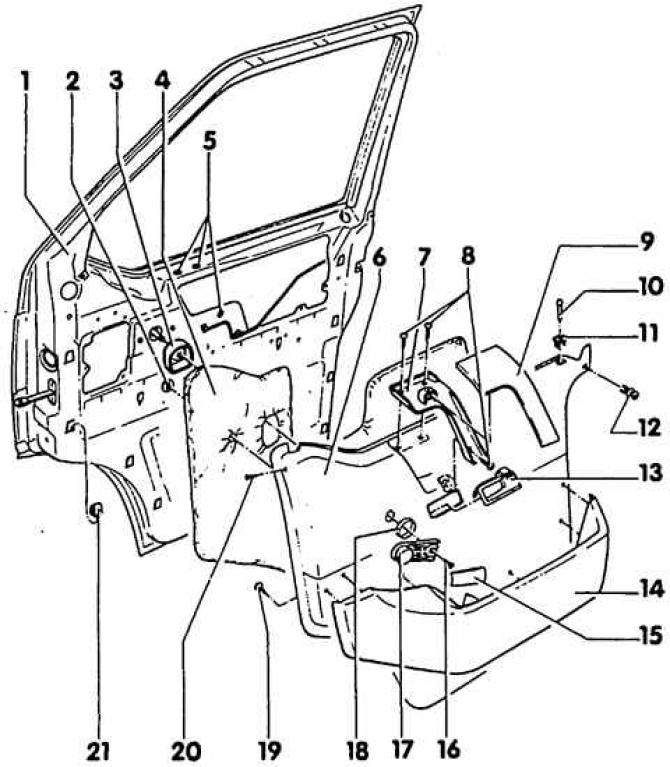 1. Front door; 2. Lock washer; 3. Compaction; 4. Noise absorber; 5. Blind rivet nut; 6. Sheathing;…