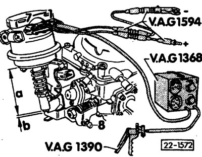 Подключить измерительные провода VAG 1594 к контактам 1 и 2 на регуляторе дроссельной заслонки и…
