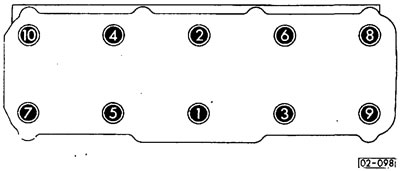 (02-098) При холодном двигателе ввинтить по порядку от 1 до 10 болты с шестью внутренними гранями с…